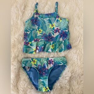 Hurley Girls Tropical Floral Green Blue 2 Piece Tankini Size: 7/8